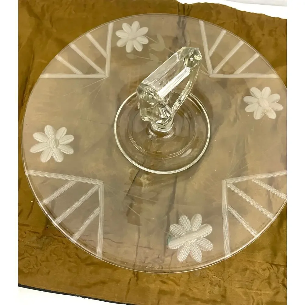 VTG Etched Clear Crystal‎ Center Handle Tray Plate with Etched Flowers 10.5